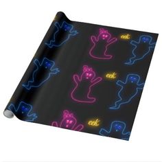 a black wrapping paper with neon lights and ghost silhouettes on the front, as well as