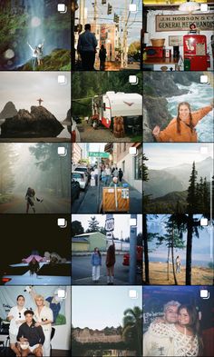 many different pictures are shown in this collage with the same image as people and trees