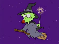 a cartoon character on a broom flying through the air with a sparkler in his hand