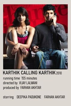 two people sitting next to each other in front of a red background with the words kartihk calling karthik 2010