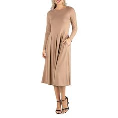 A fall wardrobe must have! This midi dress for women is great for any occasion whether casual or dressy. Featuring a round neckline, long sleeves, midi length hemline, pleated waist, and pockets for a finishing touch. Pair this fit n flare dress with ballet flat for a casual look or create a dressy look with heels. Available in nine beautiful color options, youll want one in every color! Made from a soft and comfortable stretch material that is machine washable for easy care. ,R0136161 MADE IN T Flare Dresses, Midi Dress For Women, Dress Beige, Review Dresses, Women Midi, Fit N Flare Dress, Pocket Dress, Fit Flare Dress, Fit And Flare Dress