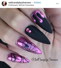 Gothic Easter Nails, Girly Goth Nails, Chrome Halloween Nails Designs, Spooky Almond Nails, Goth Spring Nails, Villian Nails, Black And Purple Halloween Nails, Purple Goth Nails, Pink And Black Halloween Nails