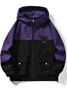 Boyfriend Style Men's Spring Autumn Hooded Windbreaker Jacket, Casual Outdoor Couple Jacket Purple   Long Sleeve Woven Fabric Colorblock,Letter None Non-Stretch  Men Activewear, size features are:Bust: ,Length: ,Sleeve Length: Casual Patchwork Hooded Jacket For Outdoor, Hooded Purple Outerwear For Fall, Urban Purple Outerwear For Winter, Purple Hooded Outerwear For Fall, Urban Purple Outerwear For Fall, Long Sleeve Patchwork Windbreaker For Outdoor Activities, Long Sleeve Patchwork Windbreaker For Outdoor, Urban Purple Winter Outerwear, Outdoor Long Sleeve Patchwork Windbreaker