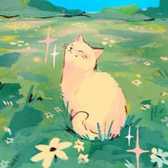 a painting of a cat sitting in the grass with flowers on it's side