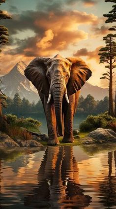 an elephant is standing in the water near some trees and rocks with mountains in the background