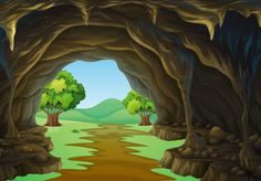 an entrance to the cave with trees and dirt road illustration for children's book