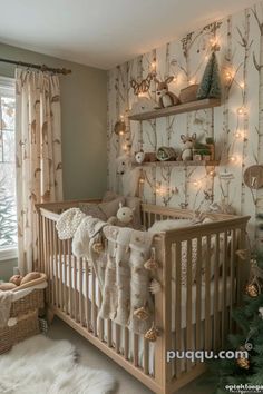 a baby's room decorated for christmas with lights and teddy bears in the crib