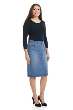 The classic blue Esteez 'Manhattan' modest knee length jean skirt features the classic 5-pocket style. Its design falls straight from the hips to the knees without becoming snug at the hem, for undeniable comfort. A popular choice for its high quality denim fabric, this skirt will be your new favorite and go-to skirt. Available in sizes 0 to plus size 18 Straight jean skirt Classic denim Very stretchy, soft fabric Not See-through Pull-on closure Real front pockets and small change pocket Back re Classic Medium Wash Denim Skirt, Medium Wash Knee-length Denim Skirt For Fall, Classic Mid-rise Medium Wash Denim Skirt, Classic Medium Wash Mid-rise Denim Skirt, Classic Medium Wash Denim Skirt For Work, Medium Wash Fitted Knee-length Skirt, Classic Fitted Denim Blue Skirt, Classic Fitted Dark Wash Skirt, Fitted Knee-length Dark Wash Denim Skirt