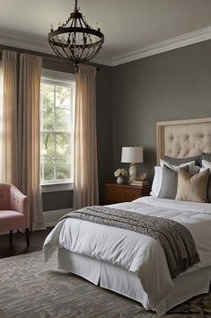 a bedroom with a bed, chair and chandelier in front of two windows