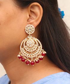 Metal = Gold Plated Occasion = Wedding ,Party Wear, Bridal Color = White and Red Size = Earrings Size - 3.5 Inches(approx) Closure = Screw Back 100% Satisfaction Guarantee: 1 Year Warranty, Long Lasting Plating, High-Quality Stones Occasion: Perfect choice for any Indian occasion. Care: It is advisable that you keep products away from direct heat, humidity, and moisture. It is best to preserve your jewelry in the box. Keep Away From Water, Spray And Perfumes For Better Look. Free Shipping Worldw Meenakari Earrings For Marriage And Festivals, Meenakari Chandbali Bridal Earrings, Festive Meenakari Bridal Earrings For Marriage, Festive Bridal Earrings With Stone Work For Marriage, Festive Bridal Meenakari Earrings For Marriage, Festive Bridal Meenakari Earrings, Festive Chandbali Jhumkas For Wedding, Festive Chandbali Jhumkas For Marriage, Festive Kundan Earrings For Marriage