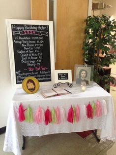 a table with a sign and pictures on it