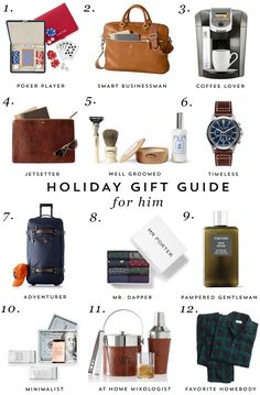 the holiday gift guide for him and her is shown in this graphic above it's contents