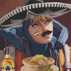 a painting of a man with a mexican hat and mustache holding a bowl of food