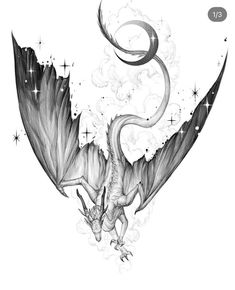 a black and white drawing of a dragon flying through the air with stars around it