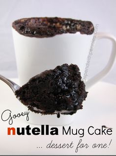 there is a spoon with some chocolate cake in it and the words nutella mug cake on it