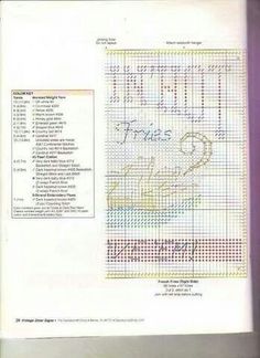 a cross stitch pattern with words and pictures on the front page, in white paper