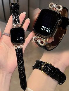 1pc Apple Watch Band Apple Watch Strap Women's Gold Rhinestone-Encrusted Metal Glistening Bow Stitching Black Leathers Strap Is Suitable For 38/40/41/42/44/45/49mm, Compatible With Apple Watch Ultra2/SE/9/8/7/6/5/4/3/2/1series, Women Watchbands, Fine Women Fashion Watch Accessories, Smart Watch Strap/Band, Unique Personality And Style Black    Microfiber Leather  Watch Accessories   Watch Accessories & Tools, size features are:Bust: ,Length: ,Sleeve Length: Wristwatch For Ladies, Apple Watch Jewelry, Mobile Watch, Watch Belt, Bracelet Apple Watch, Fashion Watch, Belt Design, Watch Accessories, Watches Women Fashion