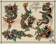 Milton Zeis, Traditional Dragon, Traditional Tattoo Old School, Optical Illusion Tattoo, Traditional Tattoo Sleeve, Fantasy Tattoos, Flash Sheet, Old School Tattoo Designs