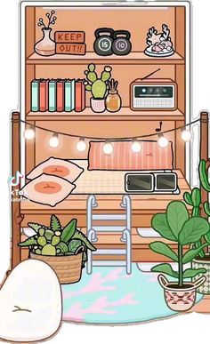 an open book shelf filled with plants and books