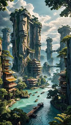 an artist's rendering of a futuristic city surrounded by trees and mountains with boats floating in the water