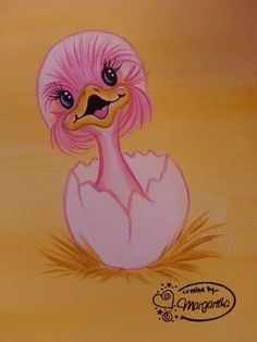 a painting of a pink bird in an egg shell