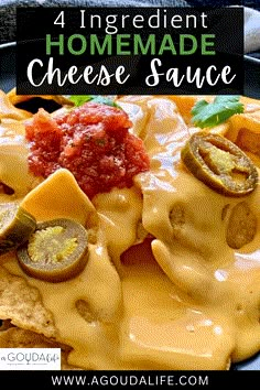 homemade cheese sauce on nachos with jalapenos