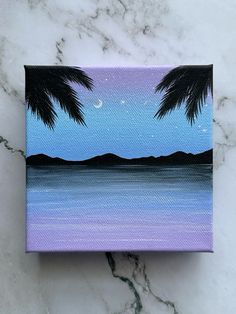 an acrylic painting of two palm trees on a marble surface with the moon in the sky