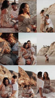 a collage of people sitting on the beach with one woman holding her baby and two men standing next to each other