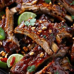 ribs with sauce and garnishes on a black plate next to sliced limes