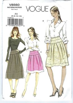 two women's skirts and blouses, one with buttons on the collarline