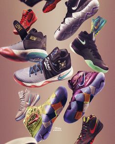 many different colored shoes are flying in the air