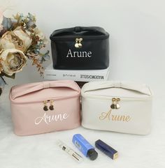 Personalized Makeup Bag, Customized Cosmetic Bag,Bridesmaid Gift, Christmas gift, single party gift, sisters gift, cosmetics storage bag ❤❤Material:  Vegetarian leather ❤❤Size:  L*W *H : 9.45"x5.9"x 5.33"( 24 x 15 x 13.5cm ) ❤❤1.If you choose custom text, please specify in the order note: Custom text and font colors (white, black, gold )         2.lf no text is required, please choose: No customize Various listings/items can be added to your cart. Once all items have been added to your cart, you can proceed to checkout. Shipping will be combined at checkout. Normally, we will send it within 1-3 working days. Standard shipping takes 7-15 working days and can be reached. Upgrade DHL International Express 3-7 working days, can arrive. (Upgrade transportation needs to tell us the recipient's c Personalized Makeup Bag, Cosmetics Storage, Personalized Makeup Bags, Travel Makeup Bag, Travel Makeup, Bag Travel, Bridesmaids Gifts, Bridesmaid Gift, Sister Gifts