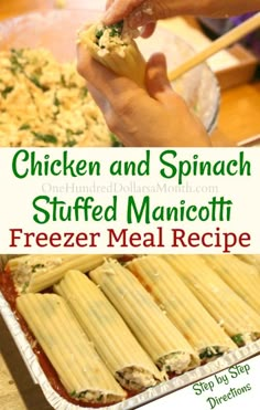 chicken and spinach stuffed manicotti freezer meal recipe with text overlay