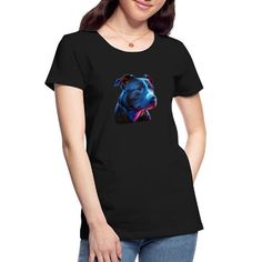 a woman wearing a black t - shirt with a blue pitbull on it