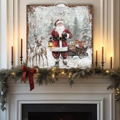 a christmas scene with santa claus and reindeers in front of a fireplace mantel