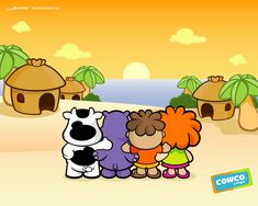 the cartoon characters are standing in front of some huts