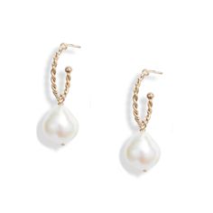 Twisted hoop earrings handcrafted in 14-karat gold with a luminous baroque pearl dangle. Twisted Hoop Earrings, Baby Pearls, Solitaire Necklaces, Keshi Pearls, Beaded Hoop Earrings, Pearl Pendant Necklace, Pearl Gemstone, Precious Gems, Gold Pendant Necklace