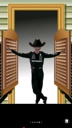 a man wearing a cowboy hat standing in front of an open door with his arms outstretched