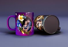 a purple coffee mug with a photo on it