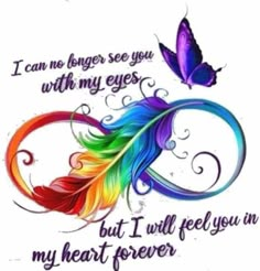 a rainbow colored feather with the words, i can't longer see you with my eyes but i will feel you in my heart forever