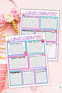 the unicorn party game is shown with pink flowers