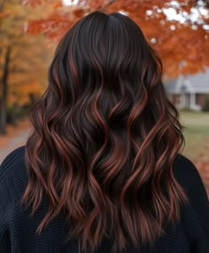 Beachy Waves with Fall Hair Colors for a Relaxed Look 🌞 Copper Highlights On Black Hair Curly, Black Copper Balayage, Copper Highlights Dark Hair, Under Highlights Hair, Dark Hair With Copper Highlights, Deep Brown Hair With Highlights, Dark Brown With Copper Highlights, Copper Highlights On Dark Hair, Fall Hair Colors Copper