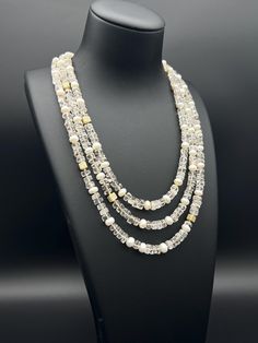 Necklace made with natural clear quartz, natural freshwater pearls and hypoallergenic environmentally plated micro pave cubic zirconia brass, necklace 51 cm long top strand Brass Necklace, Handmade Jewellery, Micro Pave, Strand Necklace, Clear Quartz, Gemstone Necklace, Pearl White, Long Tops, Halloween Shopping