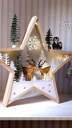 a wooden star with christmas decorations on it