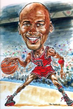 a caricature drawing of a basketball player with a smile on his face, holding a ball