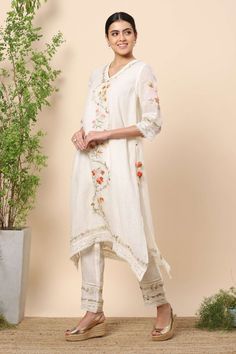 Buy Kaveri White Linen Kurta And Pant Set Online | Aza Fashions White Floral Embroidery Bottoms For Wedding, White Cotton Sets With Embroidered Hem, Festive White Sets With Embroidered Hem, Traditional White Bottoms With Floral Embroidery, Fitted Sets With Embroidered Border For Spring, Spring Off White Sets With Embroidered Border, White Lace Work Sets For Summer, White Lace Work Summer Set, White Lace Trim Sets For Spring