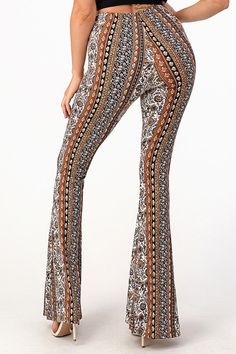 Baroque Floral Print Flare Pants Elastic Waistband No Pockets Approx. 34" Inseam 92% Polyester, 8% Spandex Sizing Recommendations: Small 2/4/6 Medium 6/8/10 Large 10/12/14 Boho Bell Bottoms, Paisley Pants, Printed Flare Pants, Flattering Pants, Stylish Pants, High Waisted Flares, Cute Crop Tops, Bell Bottom Pants, Bell Bottom