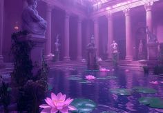 there is a pond with water lilies in the middle of it and statues on either side