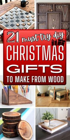 twelve diy christmas gifts to make from wood, including ornaments and other things that are on display