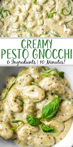 creamy pesto gnocchi with spinach leaves in a white bowl and green basil garnish on top